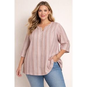 Roaman's Women's Linen Blend Striped Henley Tunic Top Plus 30W Boho Casual Style